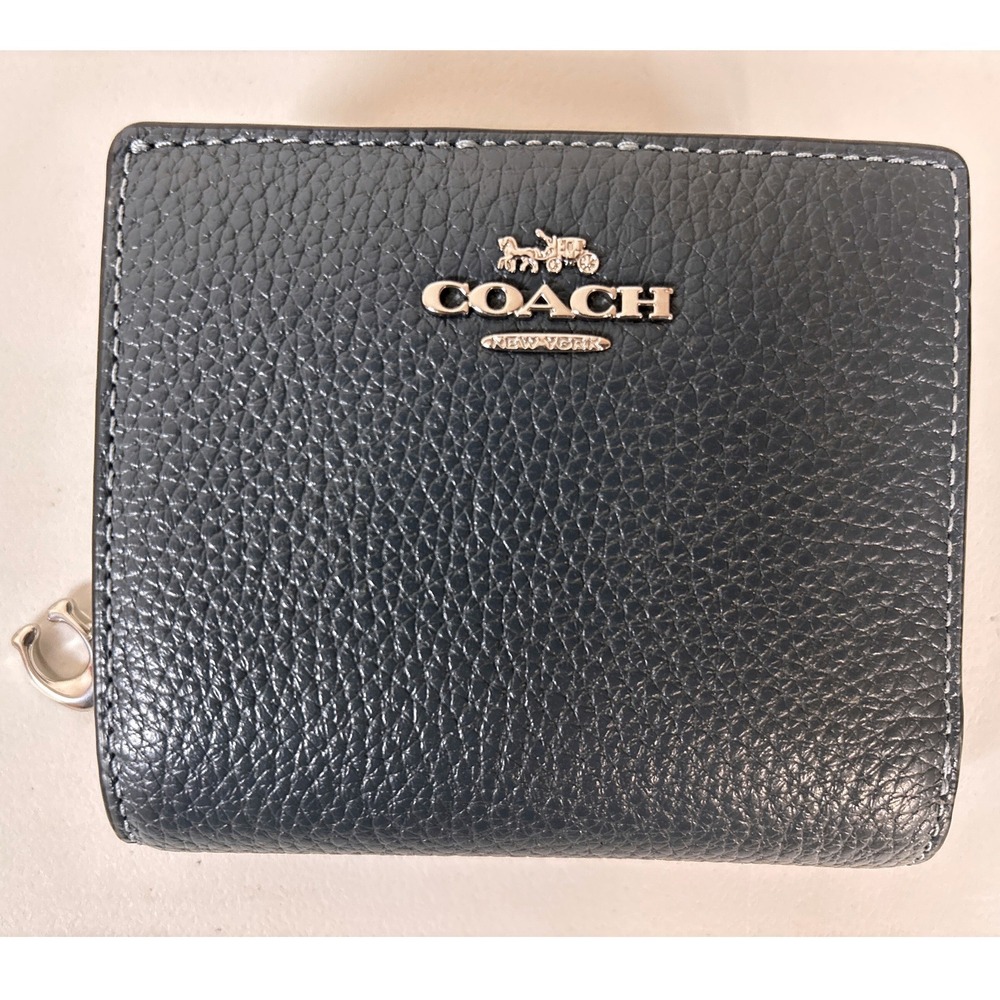 Coach Small Bifold Wallet Navy Blue Pebbled Leather Tan Interior Zip Coin Pocket